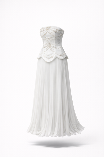 Bone Strapless Pearl Detail Pleated Evening Dress